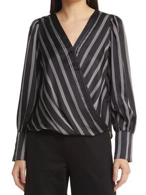 Halogen Black and White Striped Wrap Blouse